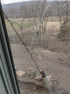 View from inside the house of window cleaning with waterfed pole.