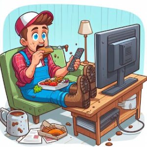 Illustration of lazy contractor eating pizza on the a customer's couch